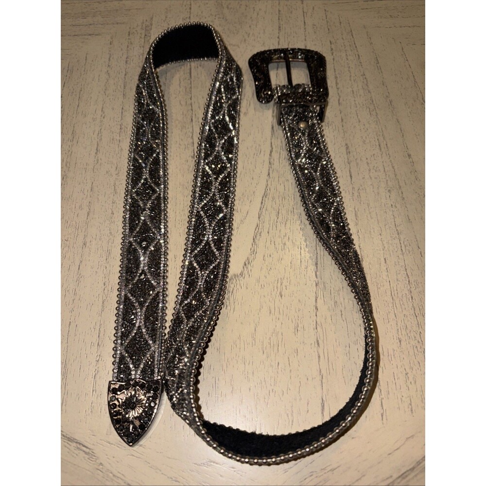 Womens Western Leather Rhinestone Black and Silver Beaded Belt & Buckle M/L